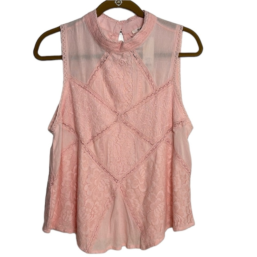 NEW NWT Francesca’s Mi Ami pink sleeveless blouse with monk collar size Large